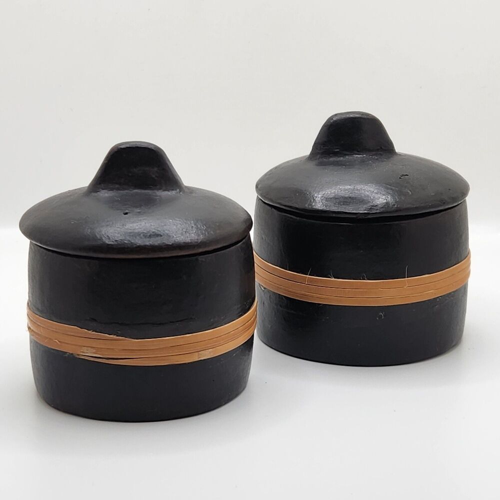 Set Of Primitive Rustic Small black Canisters Salt Cellar Spice Jar Earthy